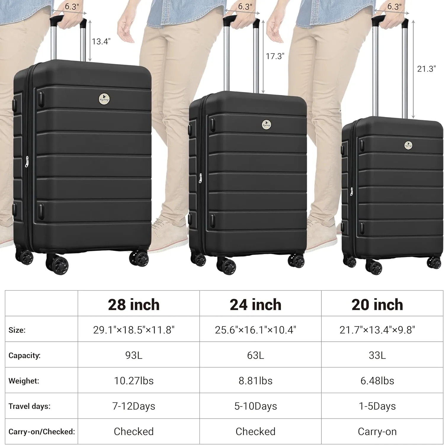 Classic 3-Piece Luggage Set with TSA Lock, PC ABS Durable Lightweight Suitcase with Spinner Wheels, Hardshell Expandable Carry-On Luggage for Business Family Travel, 20/24/28 inch, Black