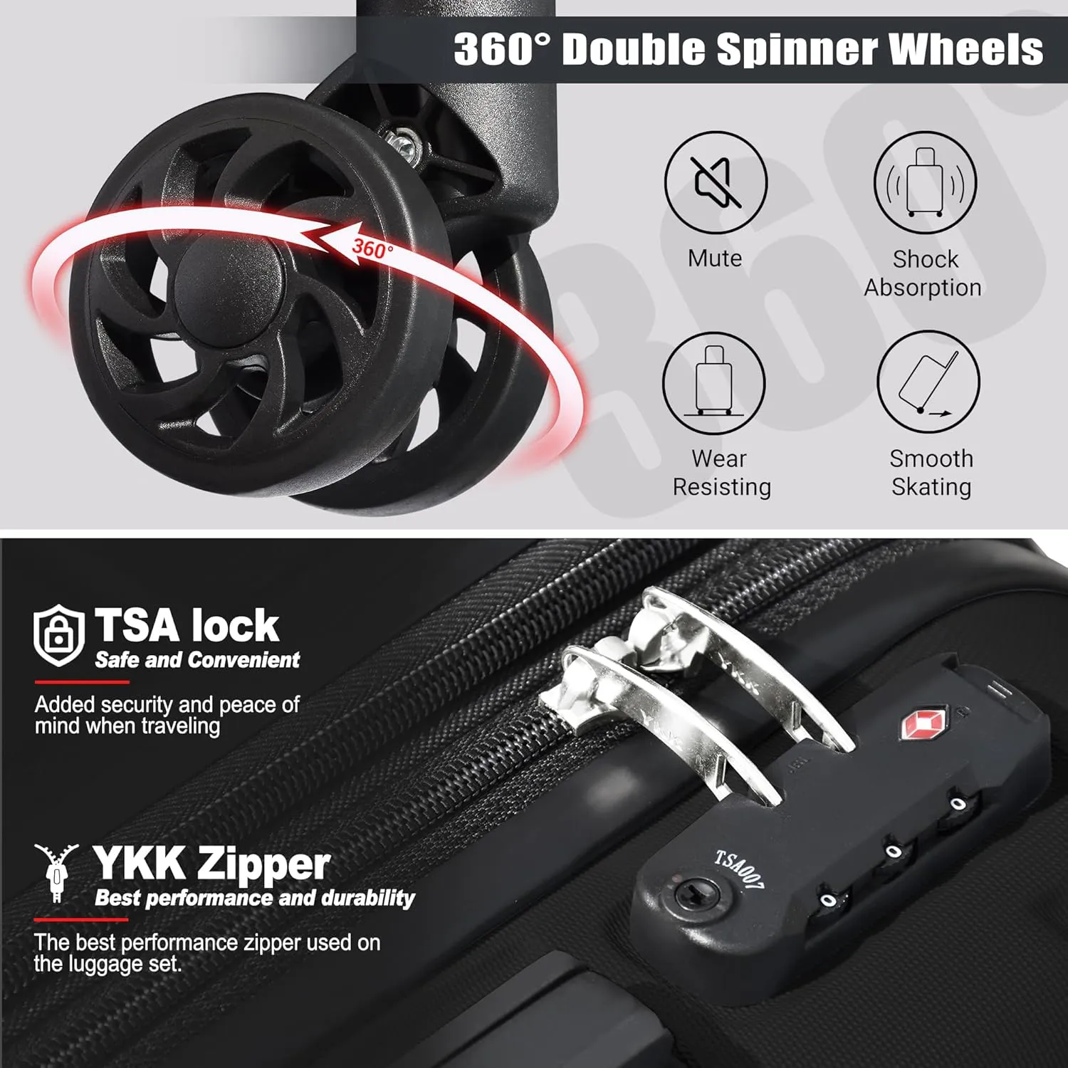 Classic 3-Piece Luggage Set with TSA Lock, PC ABS Durable Lightweight Suitcase with Spinner Wheels, Hardshell Expandable Carry-On Luggage for Business Family Travel, 20/24/28 inch, Black