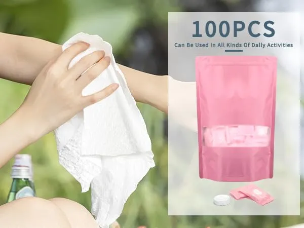 Classycoo Compressed Towel 100 PCS Mini Tablets Disposable Portable Face Towel Cotton Coin Tissue for Travel, Camping, Hiking, Sport,Beauty Salon,Home Hand Wipes&Other Outdoor Activities (Rose Pink)