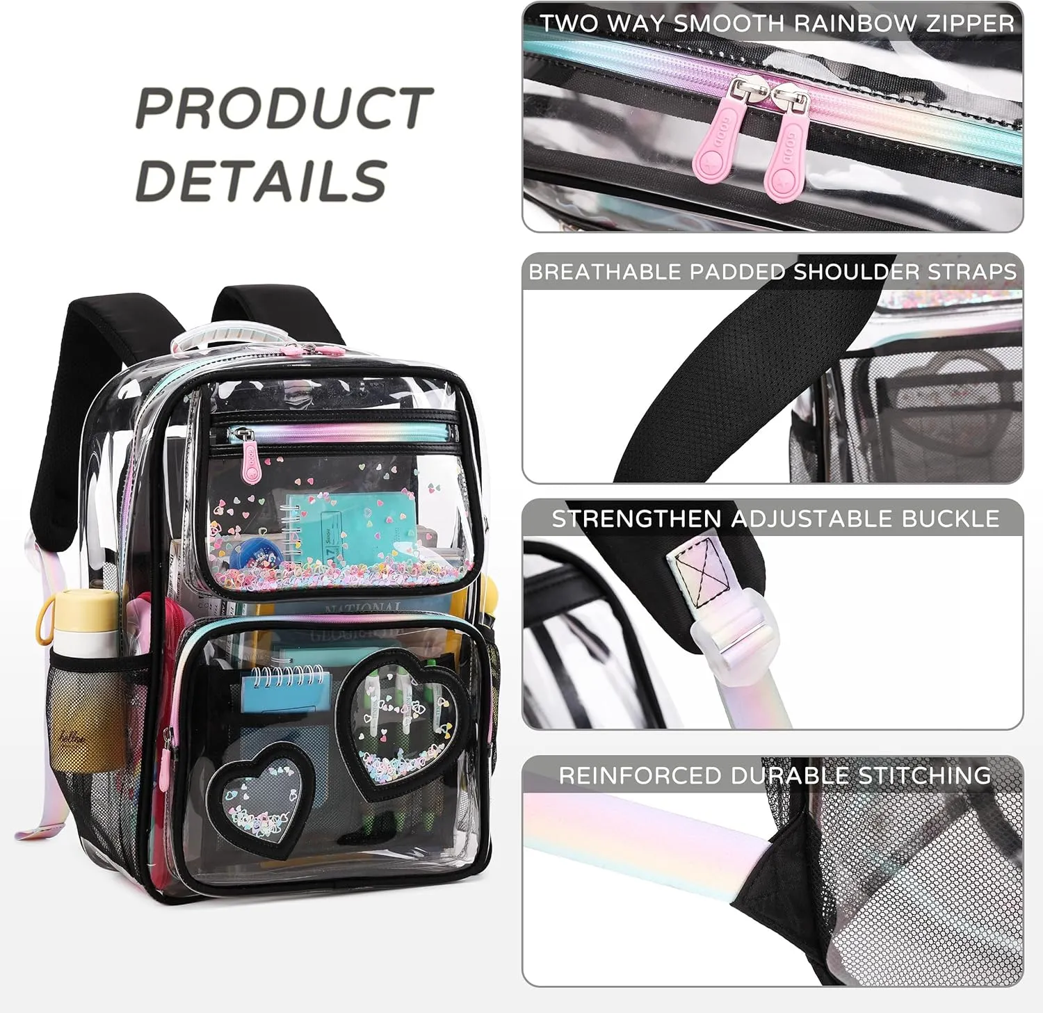 Clear Backpack for Girls Women Transparent Kids Elementary College School Bag Travel Laptop Backpacks Large Bookbags (Black)
