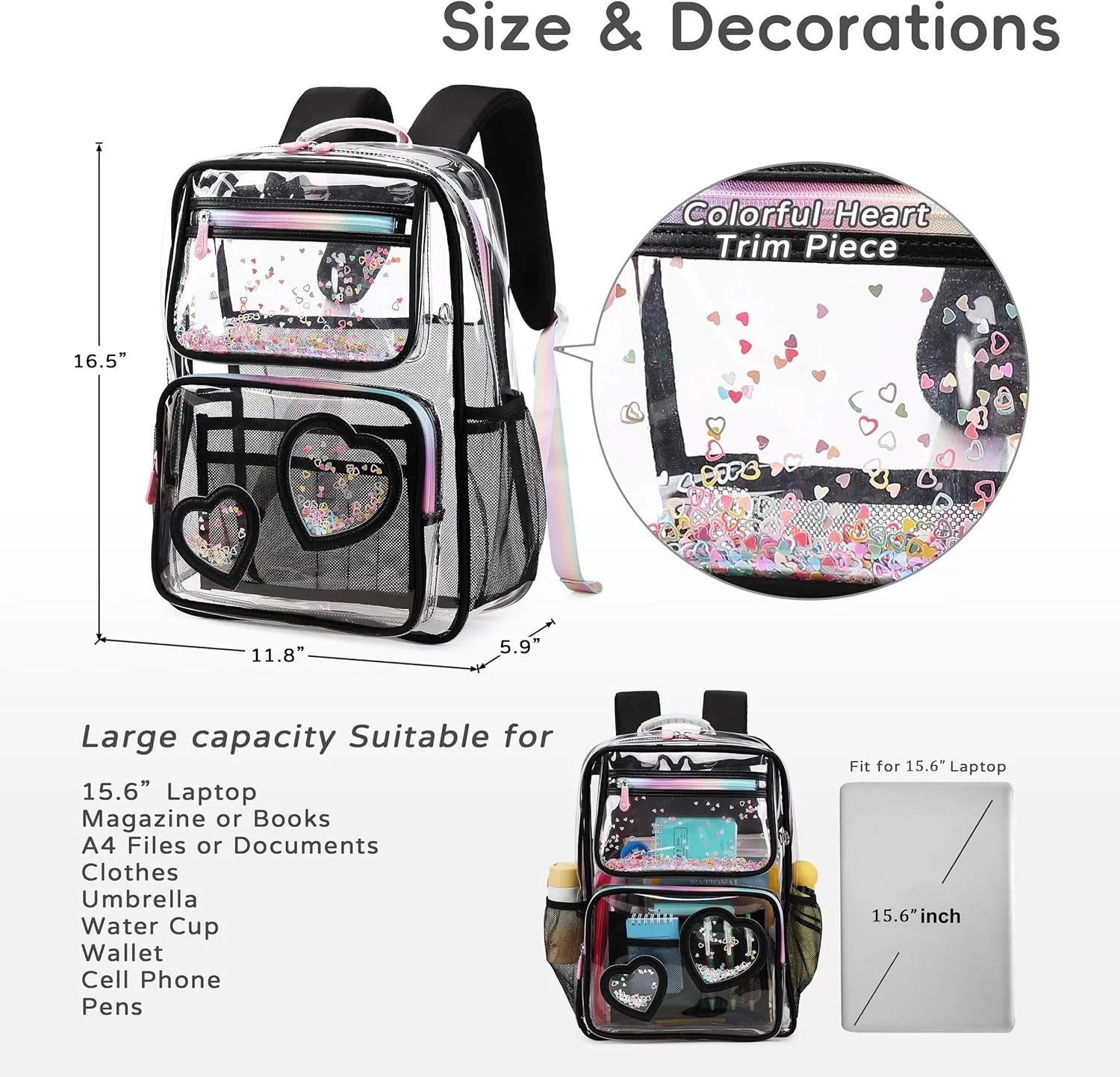 Clear Backpack for Girls Women Transparent Kids Elementary College School Bag Travel Laptop Backpacks Large Bookbags (Black)