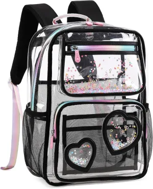 Clear Backpack for Girls Women Transparent Kids Elementary College School Bag Travel Laptop Backpacks Large Bookbags (Black)