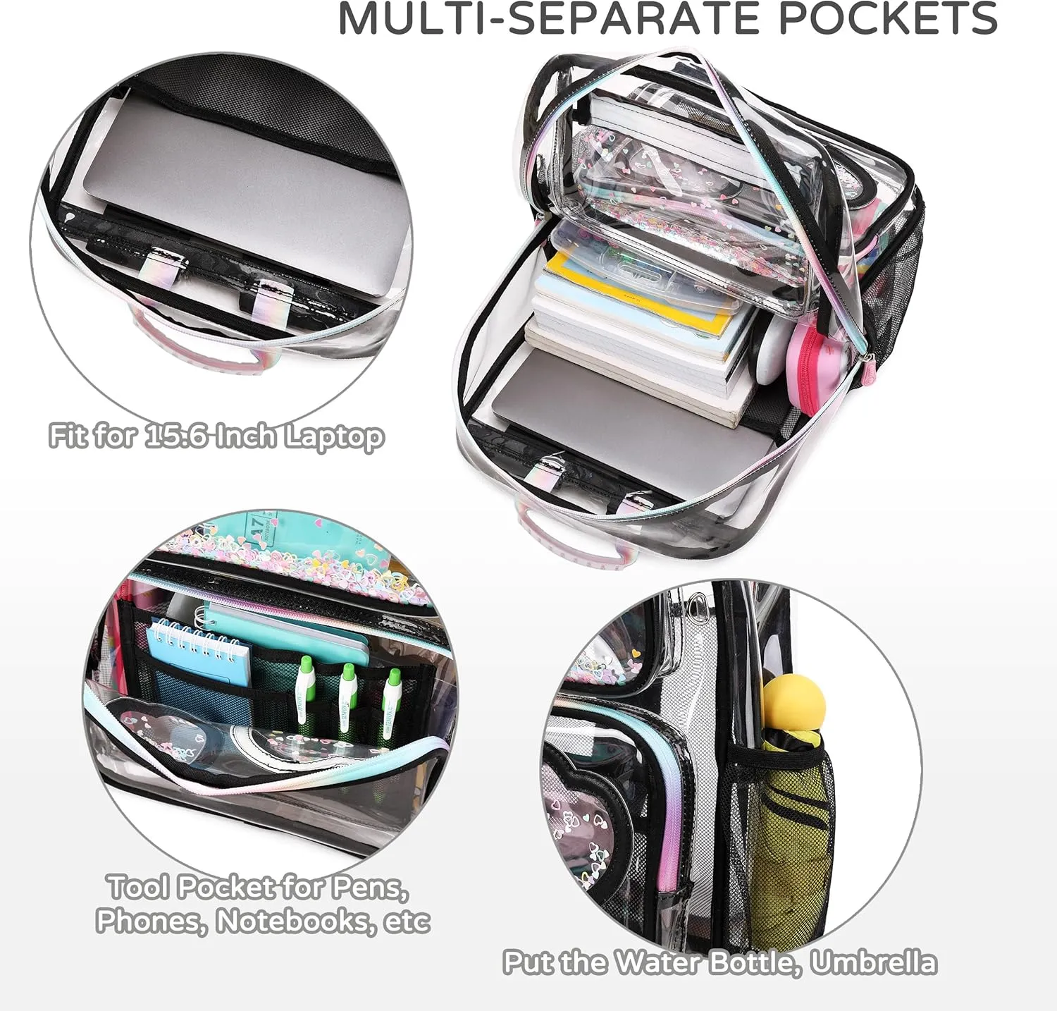 Clear Backpack for Girls Women Transparent Kids Elementary College School Bag Travel Laptop Backpacks Large Bookbags (Black)