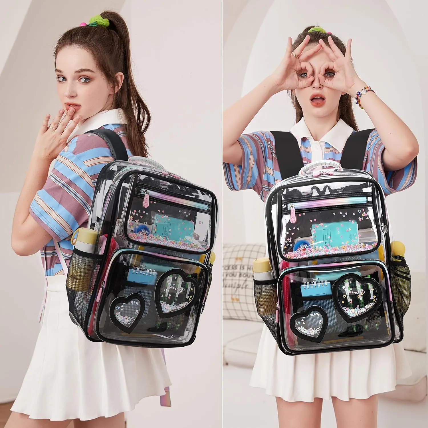 Clear Backpack for Girls Women Transparent Kids Elementary College School Bag Travel Laptop Backpacks Large Bookbags (Black)