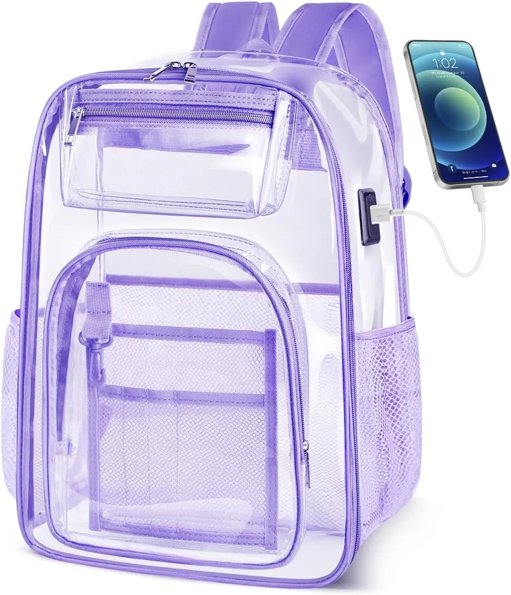 Clear Backpack with USB Charging Port for Men Women Transparent Backpacks Large Heavy Duty PVC School Stadium Approved See Through Bookbag Reinforced Strap for College Workplace Travel Work Security
