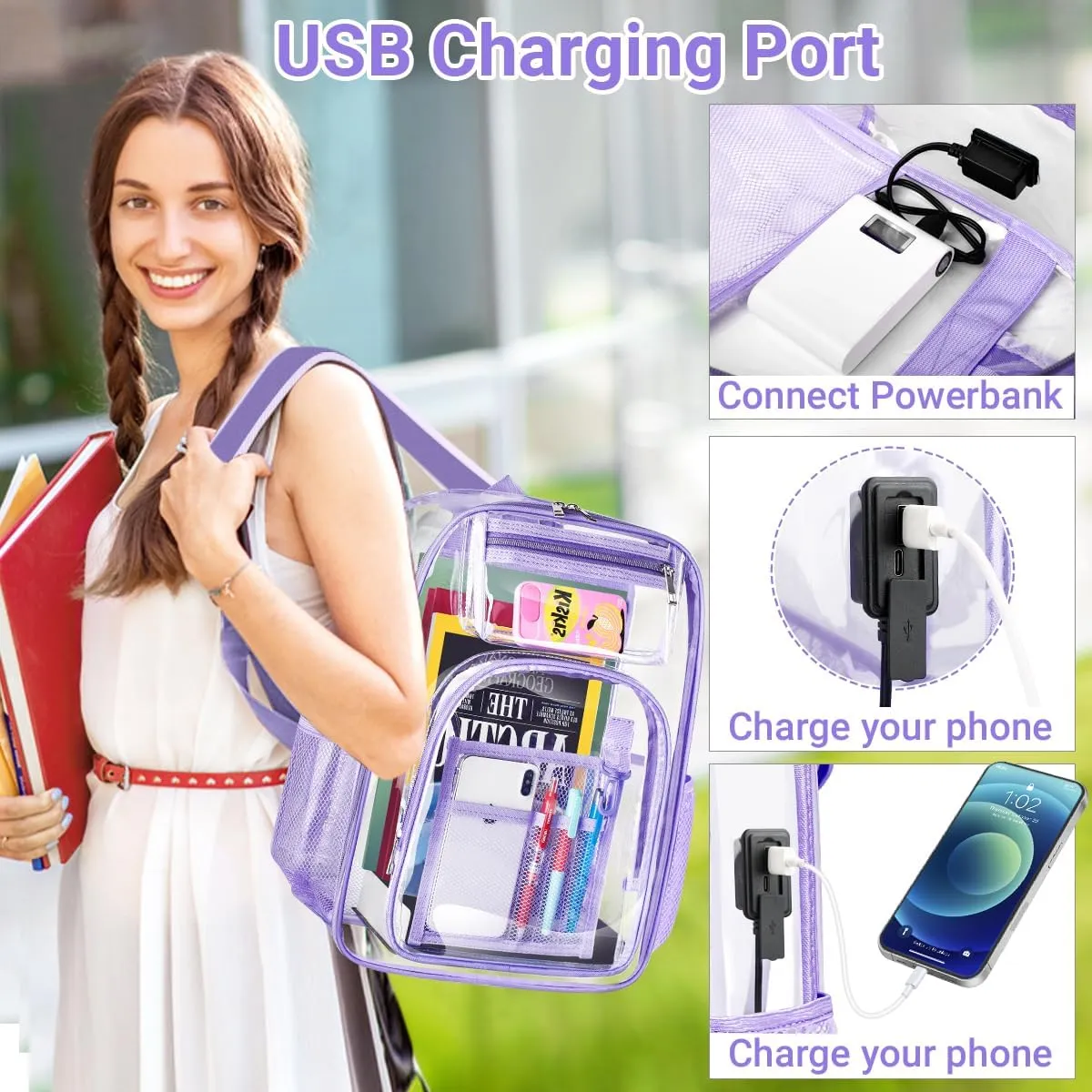 Clear Backpack with USB Charging Port for Men Women Transparent Backpacks Large Heavy Duty PVC School Stadium Approved See Through Bookbag Reinforced Strap for College Workplace Travel Work Security