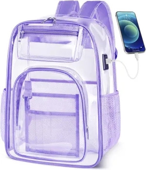 Clear Backpack with USB Charging Port for Men Women Transparent Backpacks Large Heavy Duty PVC School Stadium Approved See Through Bookbag Reinforced Strap for College Workplace Travel Work Security