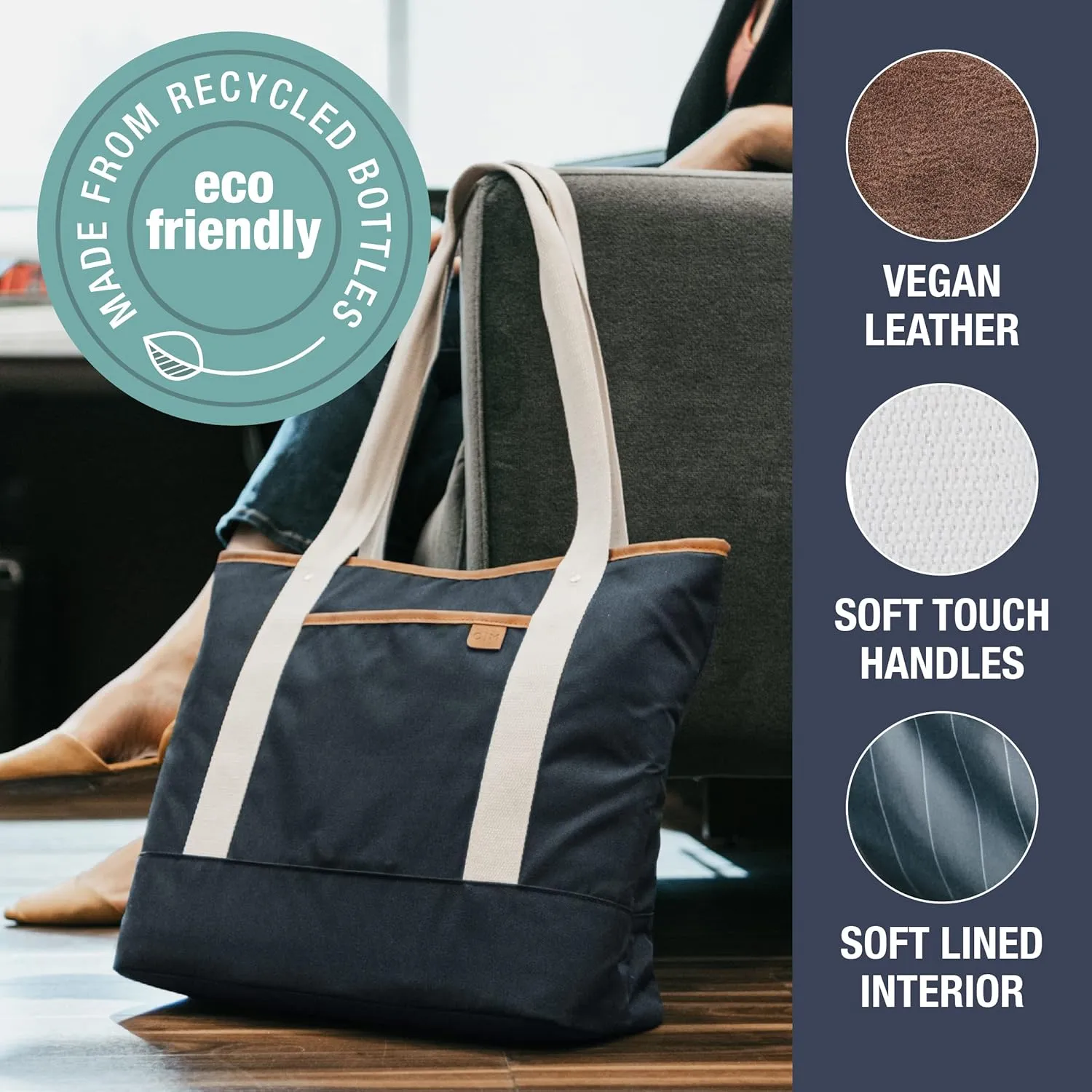 CleverMade Premium Malibu Tote Bag with Laptop Compartment; Stylish Purse for Work, Beach, and Travel; Made From Recycled Materials, Navy, Large