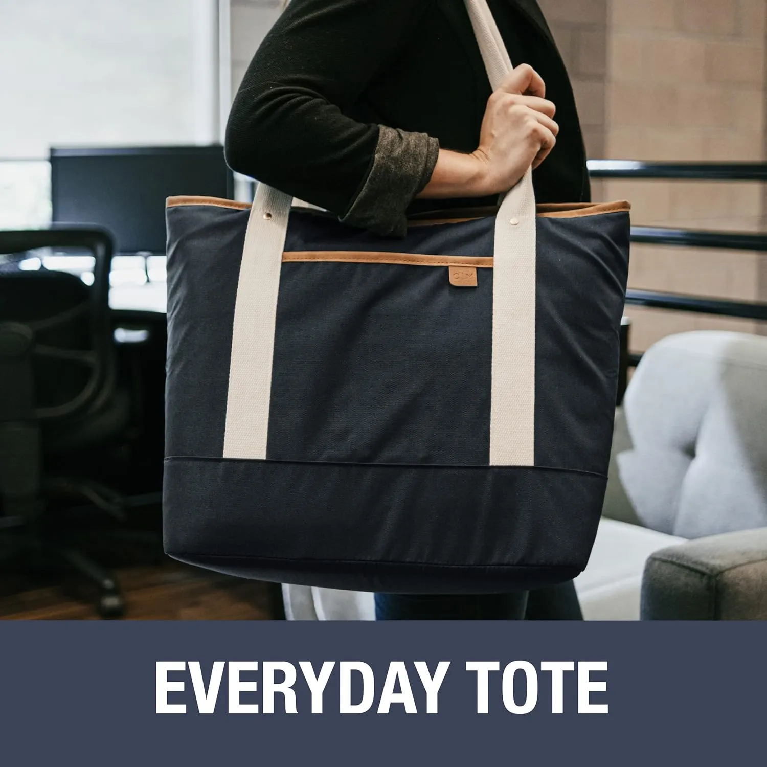 CleverMade Premium Malibu Tote Bag with Laptop Compartment; Stylish Purse for Work, Beach, and Travel; Made From Recycled Materials, Navy, Large