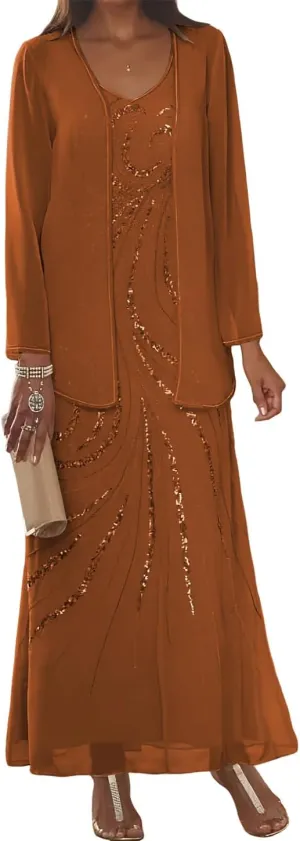 Clothfun Chiffon Long Mother of The Bride Dress 2025 Sequin Wedding Guest Dress with Jacket CY134