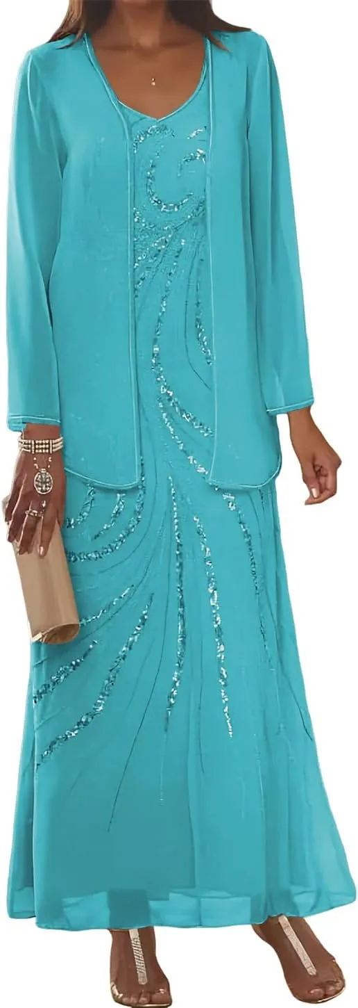 Clothfun Chiffon Long Mother of The Bride Dress 2025 Sequin Wedding Guest Dress with Jacket CY134