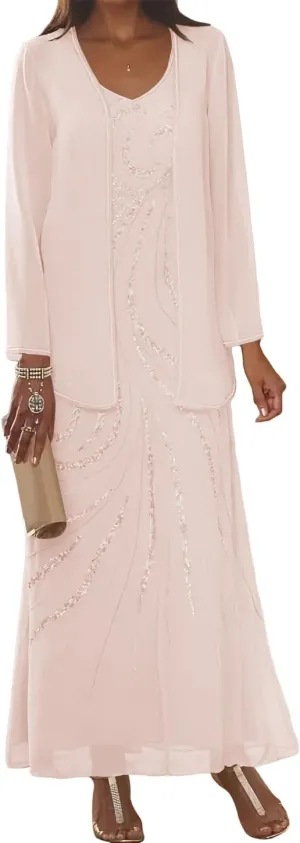 Clothfun Chiffon Long Mother of The Bride Dress 2025 Sequin Wedding Guest Dress with Jacket CY134