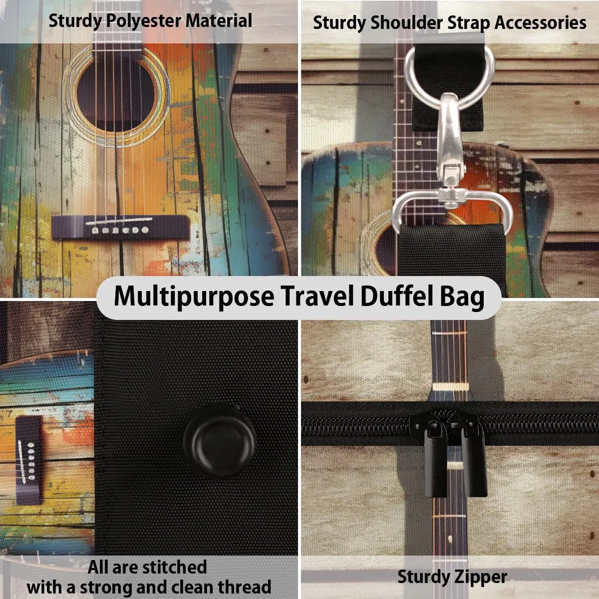 Color Guitar Print Travel Duffel Bag for Women Men Waterproof Foldable Overnight Weekender Bag Large Capacity Sports Gym Bag