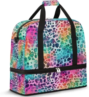 Color Leopard Skin Printed Foldable Duffle Bag with Shoes Compartment Large Capacity Waterproof Travel Weekender Bag Overnight Bag for Sports Gym