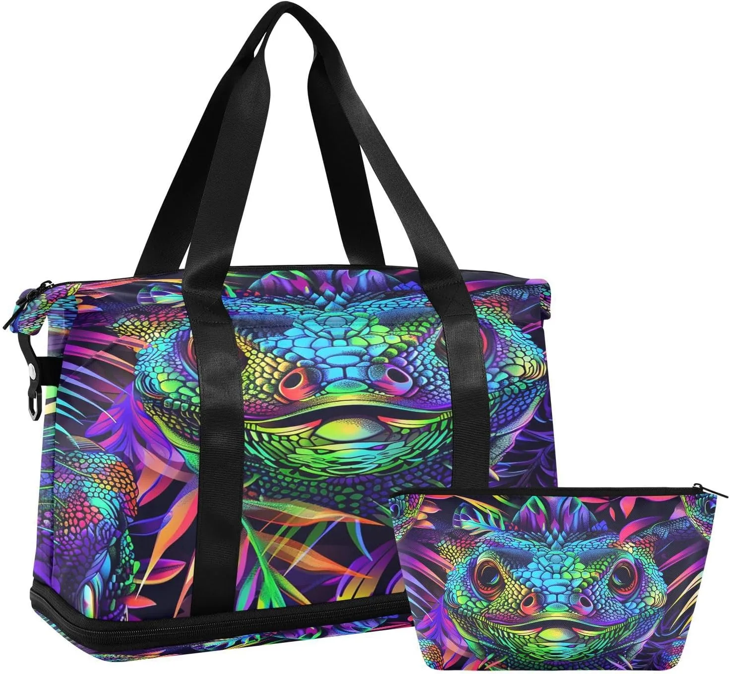 Colorful Lizard Gym Duffle Bag with Shoe and Wet Clothes Compartments Shoulder Weekender Bag for Swim Sports Travel