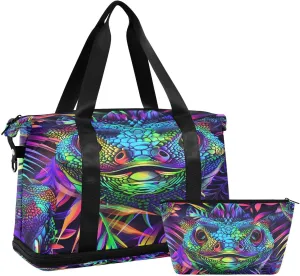 Colorful Lizard Gym Duffle Bag with Shoe and Wet Clothes Compartments Shoulder Weekender Bag for Swim Sports Travel