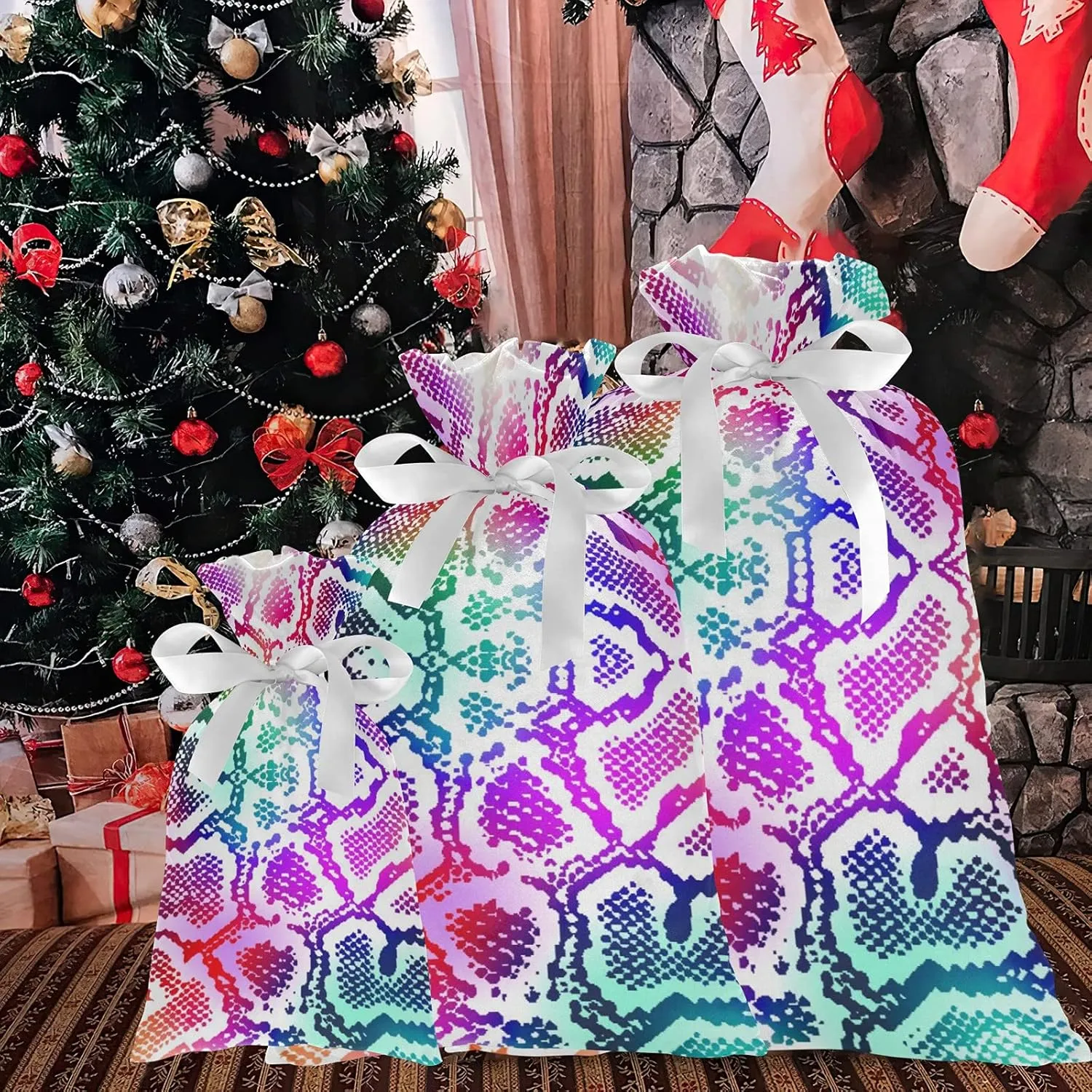 Colorful Lizard Skin 3 Pack Christmas Gift Bags, Drawstring Xmas Bag, Gift Wrapper Bag for Holiday and Parties