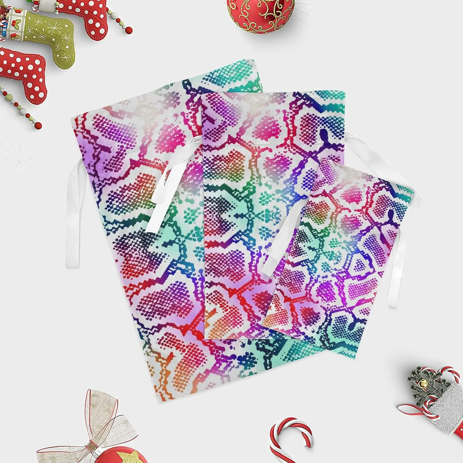 Colorful Lizard Skin 3 Pack Christmas Gift Bags, Drawstring Xmas Bag, Gift Wrapper Bag for Holiday and Parties