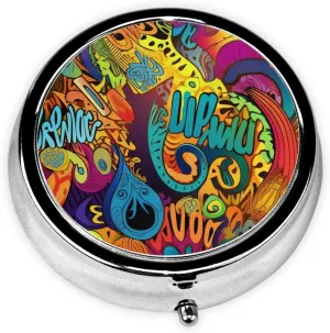 Colorful Pattern Pill Box Round Pill Case for Pocket Purse 3 Compartment Medicine Pill Organizer Cute Portable Travel Pillbox Vitamin Cod Liver Oil Storage Box Unique Gift Organizer
