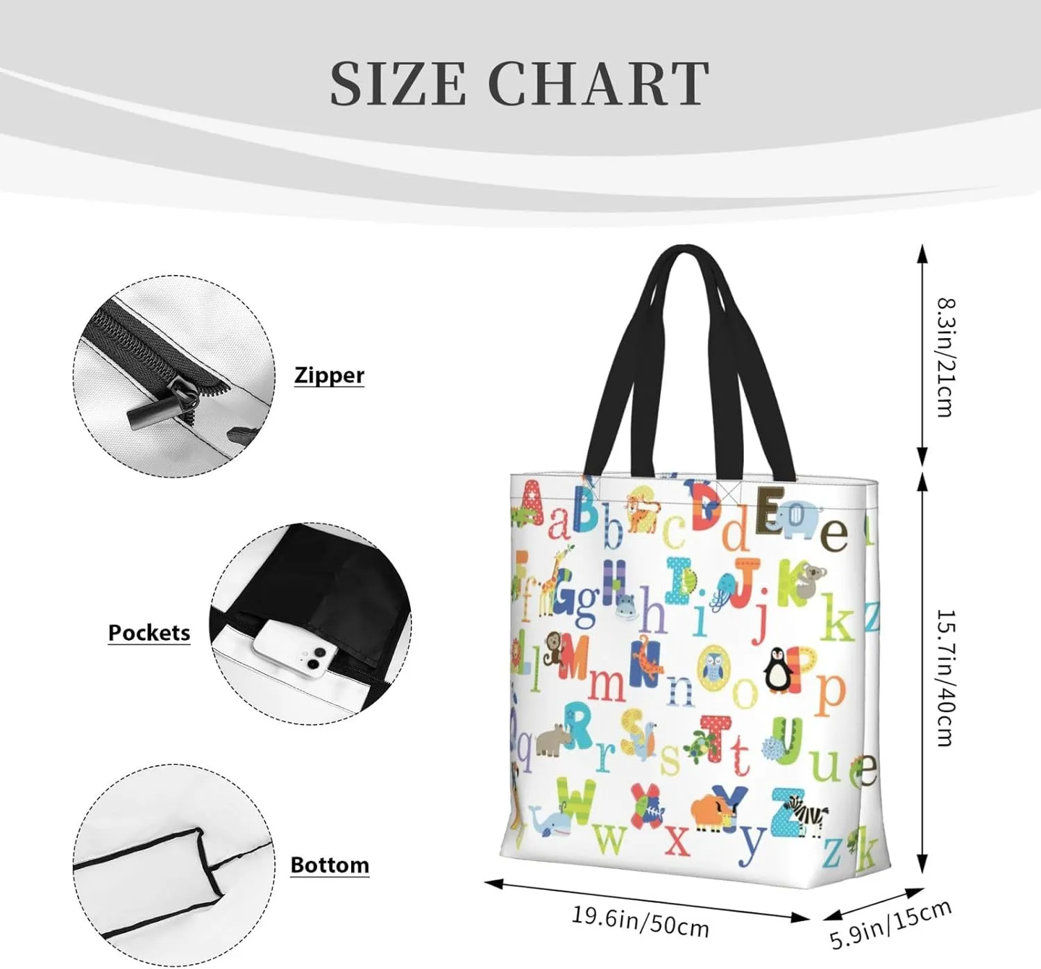 Colourful Animal Alphabet Duty Reusable Shopping One-Shoulder Bags â€“ Large Tote Bags Are Foldable