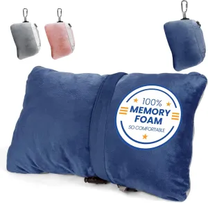 Compact Travel Pillow Made with Shredded Memory Foam and Super Soft Fleece Fabric for Ultimate Comfort in Travel. Patented Design Rolls and Compacts Small for Travel. (Blue)