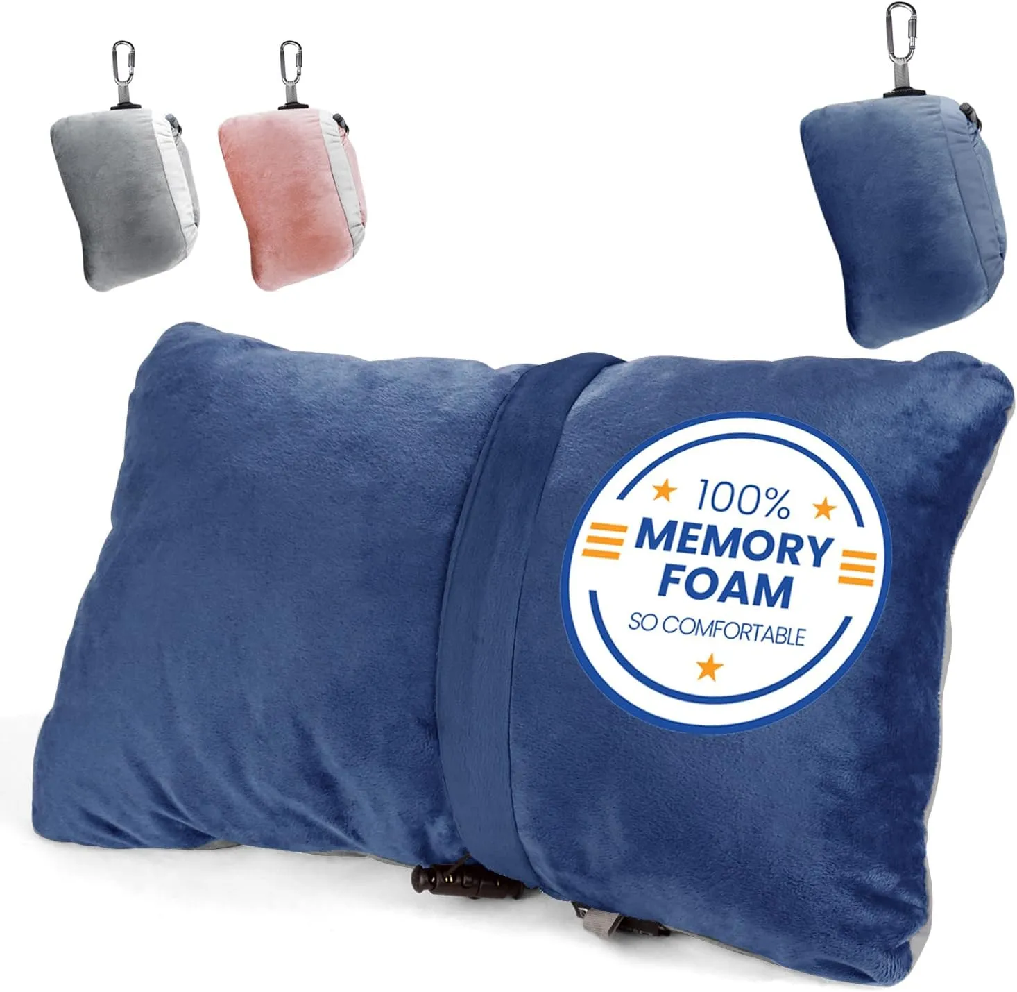 Compact Travel Pillow Made with Shredded Memory Foam and Super Soft Fleece Fabric for Ultimate Comfort in Travel. Patented Design Rolls and Compacts Small for Travel. (Blue)