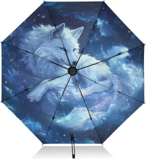 Compact Umbrella, Windproof Travel Umbrella, Automatic Open/close, Compact Size for Women Backpacks/Handbags, White Wolf Blue Galaxy