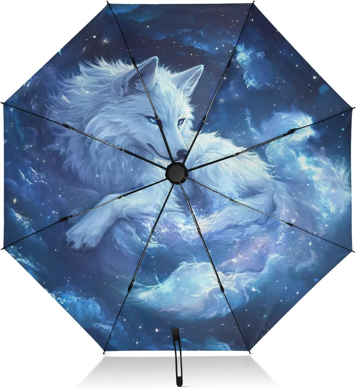 Compact Umbrella, Windproof Travel Umbrella, Automatic Open/close, Compact Size for Women Backpacks/Handbags, White Wolf Blue Galaxy