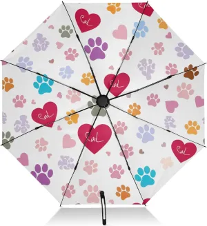 Compact Umbrella, Windproof Umbrella, Automatic Open/close, Compact Size for Women Backpacks/Handbags, Cute Dog Paw Heart White