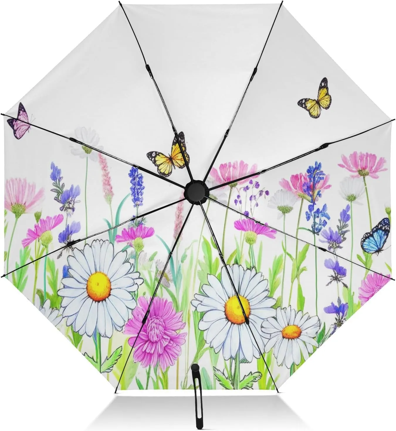 Compact Umbrella, Windproof Umbrella, Automatic Open/close, Compact Size for Women Backpacks/Handbags, Watercolor Wildflower Butterflies