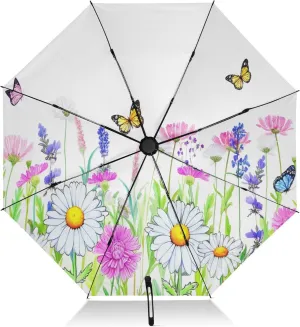 Compact Umbrella, Windproof Umbrella, Automatic Open/close, Compact Size for Women Backpacks/Handbags, Watercolor Wildflower Butterflies