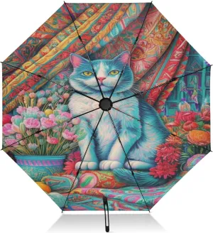 Compact Umbrella, Windproof Umbrella for Rain, Automatic Open/close, Compact Size for Women Backpacks/Handbags, Cute Cat Flowers Colorful