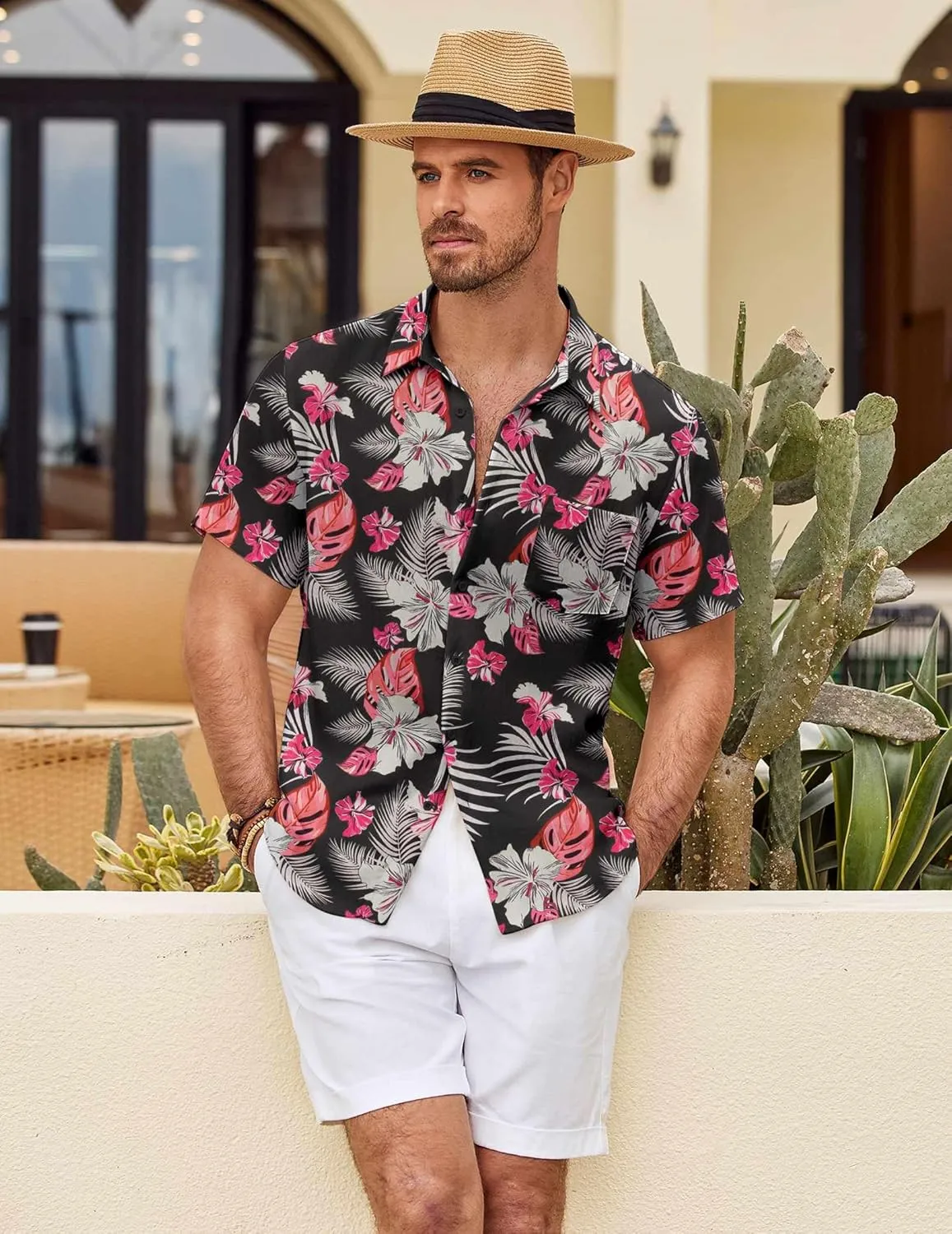 COOFANDY Mens Button Down Short Sleeve Shirt Casual Shirts Summer Beach Textured Shirts with Pocket