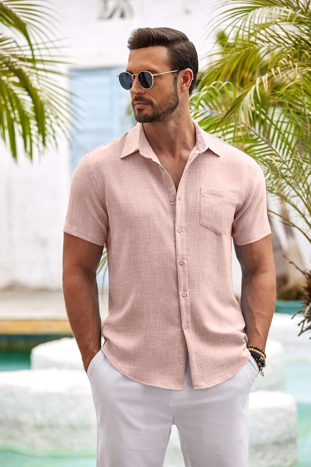 COOFANDY Mens Button Down Short Sleeve Shirt Casual Shirts Summer Beach Textured Shirts with Pocket