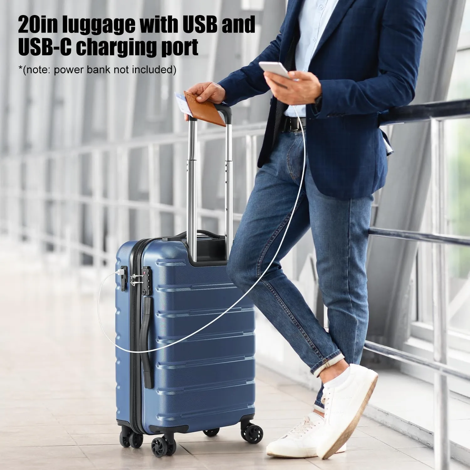 Coolife Luggage Suitcase Carry-on Spinner TSA Lock USB Port Expandable (only 28’’) Lightweight Hardside Luggage (Ice Blue, S(20in_carry on))