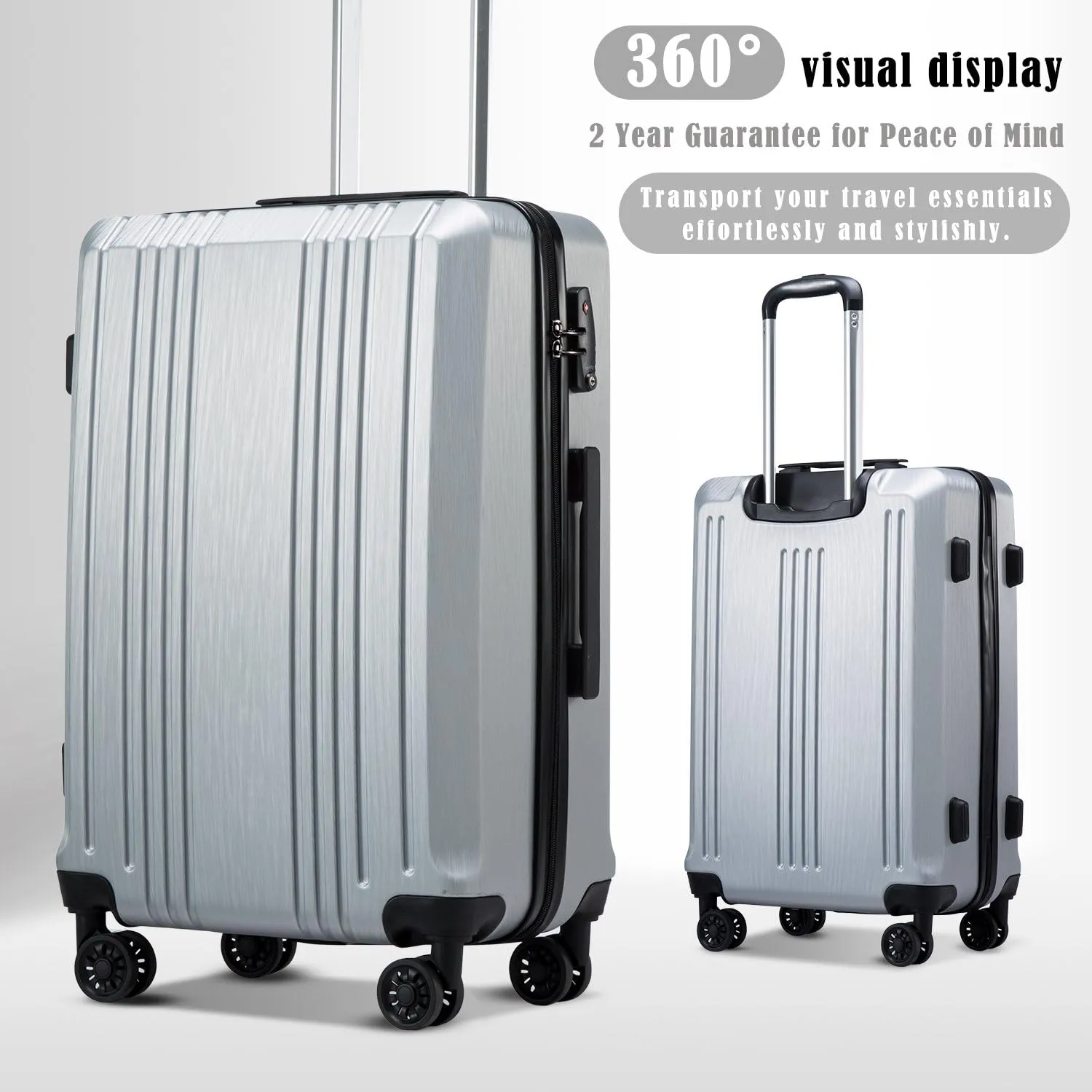 Coolife Luggage Suitcase PC ABS with TSA Lock Spinner Carry on Hardshell Lightweight 20in 24in 28in (sliver, M(24IN))