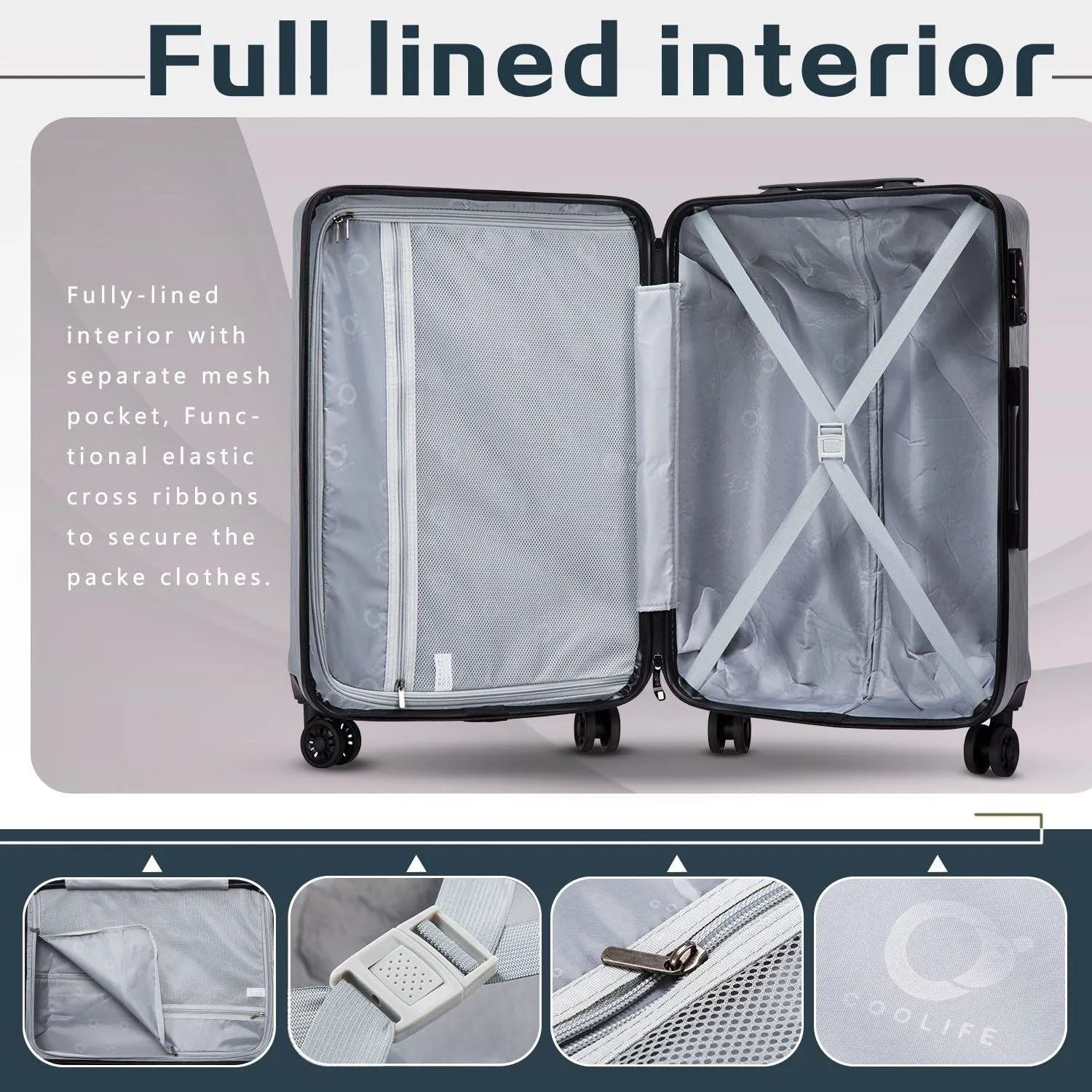 Coolife Luggage Suitcase PC ABS with TSA Lock Spinner Carry on Hardshell Lightweight 20in 24in 28in (sliver, M(24IN))