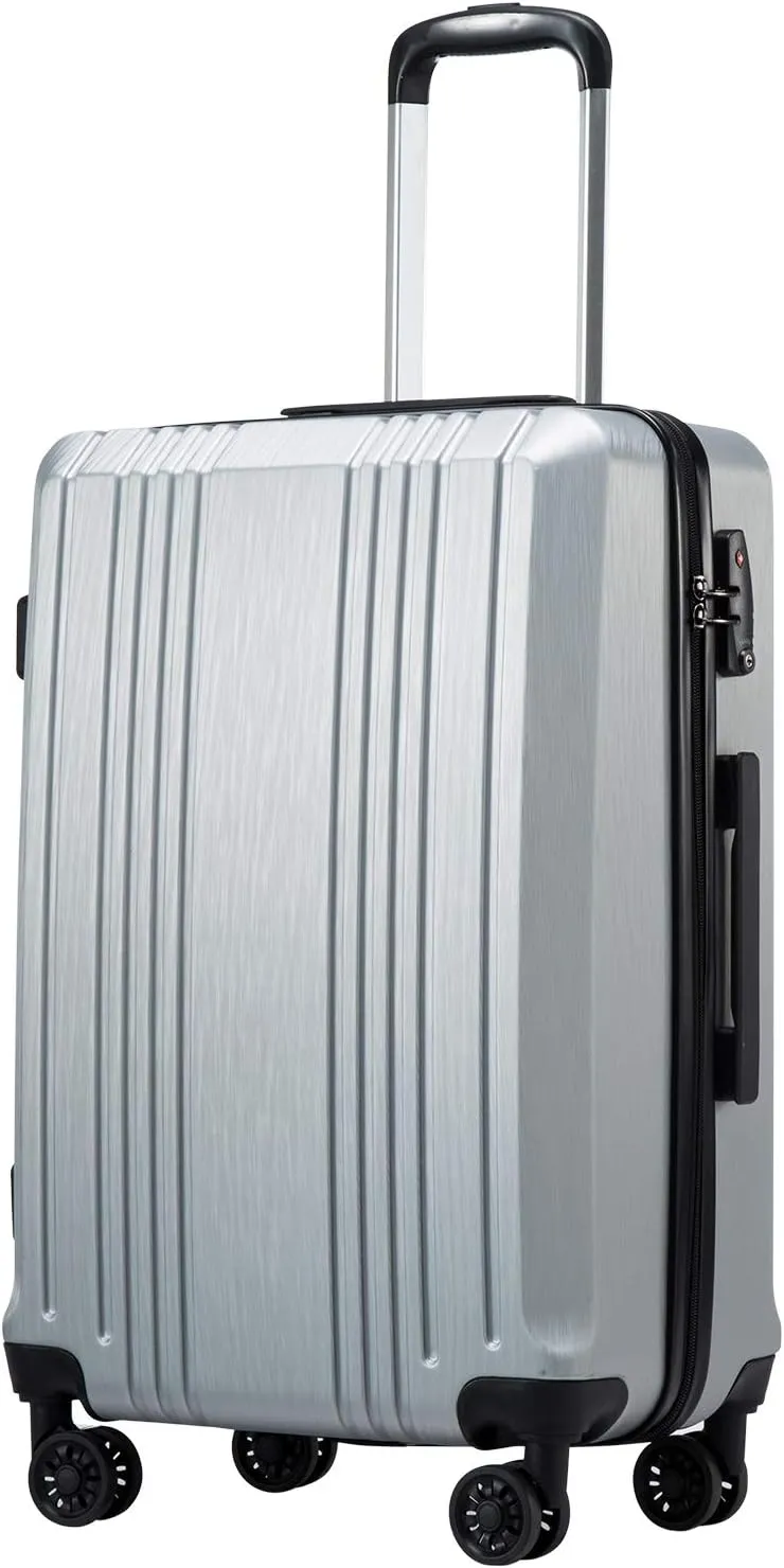 Coolife Luggage Suitcase PC ABS with TSA Lock Spinner Carry on Hardshell Lightweight 20in 24in 28in (sliver, M(24IN))