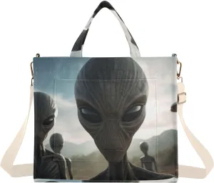 Corduroy Tote Bag Aliens Flying Saucers for Women Large Shoulder Bag with Pockets for Beach Work Travel Shopping S