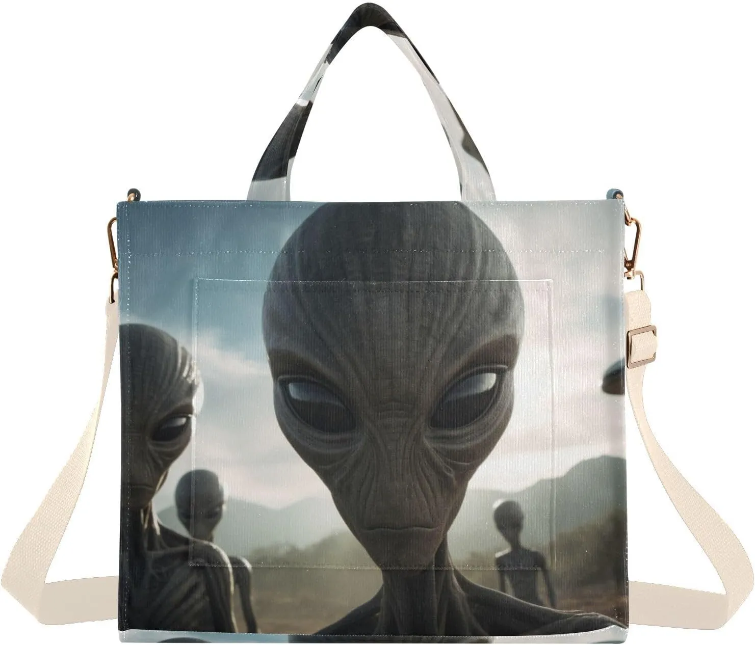 Corduroy Tote Bag Aliens Flying Saucers for Women Large Shoulder Bag with Pockets for Beach Work Travel Shopping S