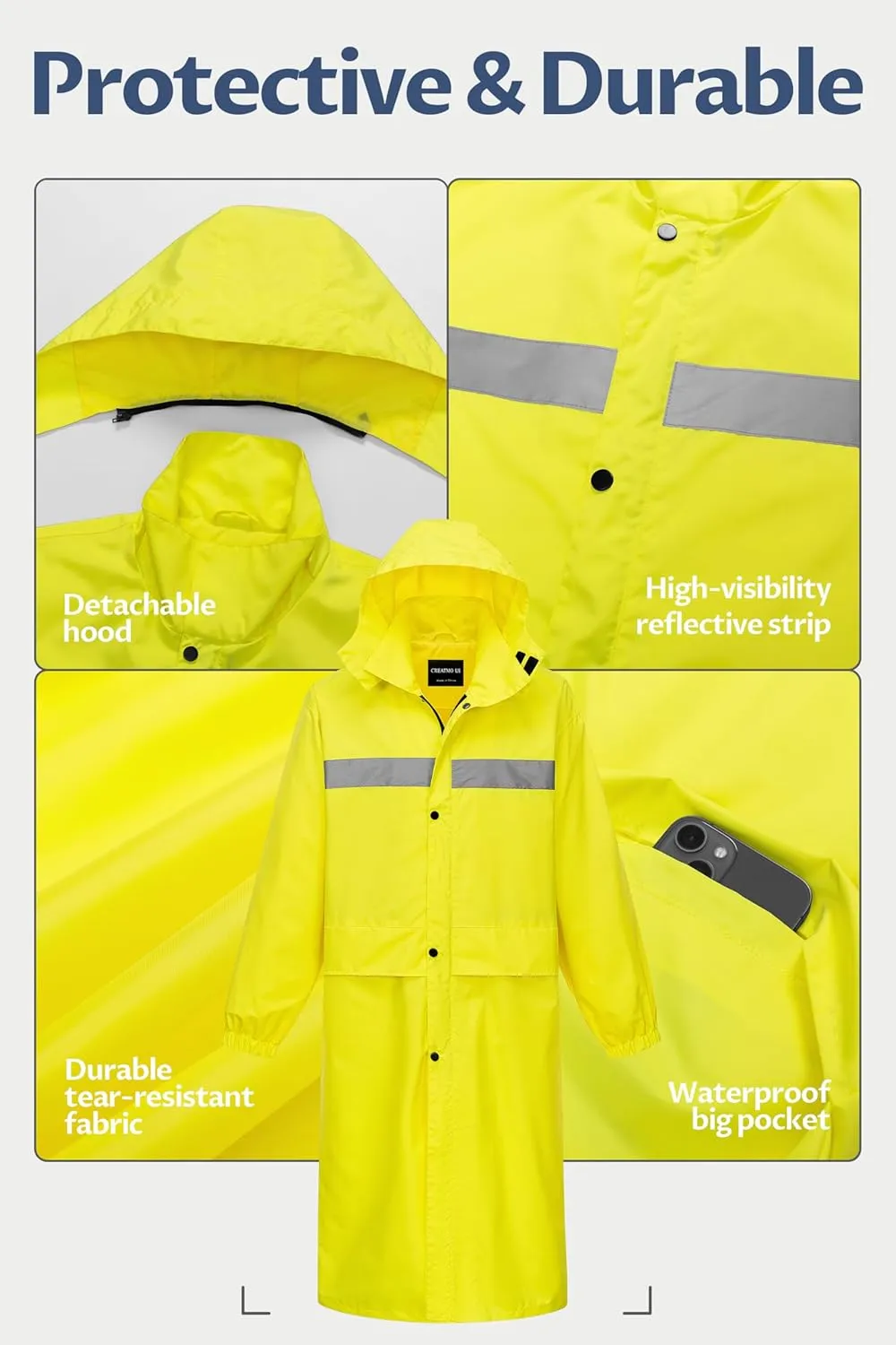 CREATMO US Men's Long Rain Coat Waterproof Packable Rain Jacket Outdoor Lightweight Windbreaker with Hood