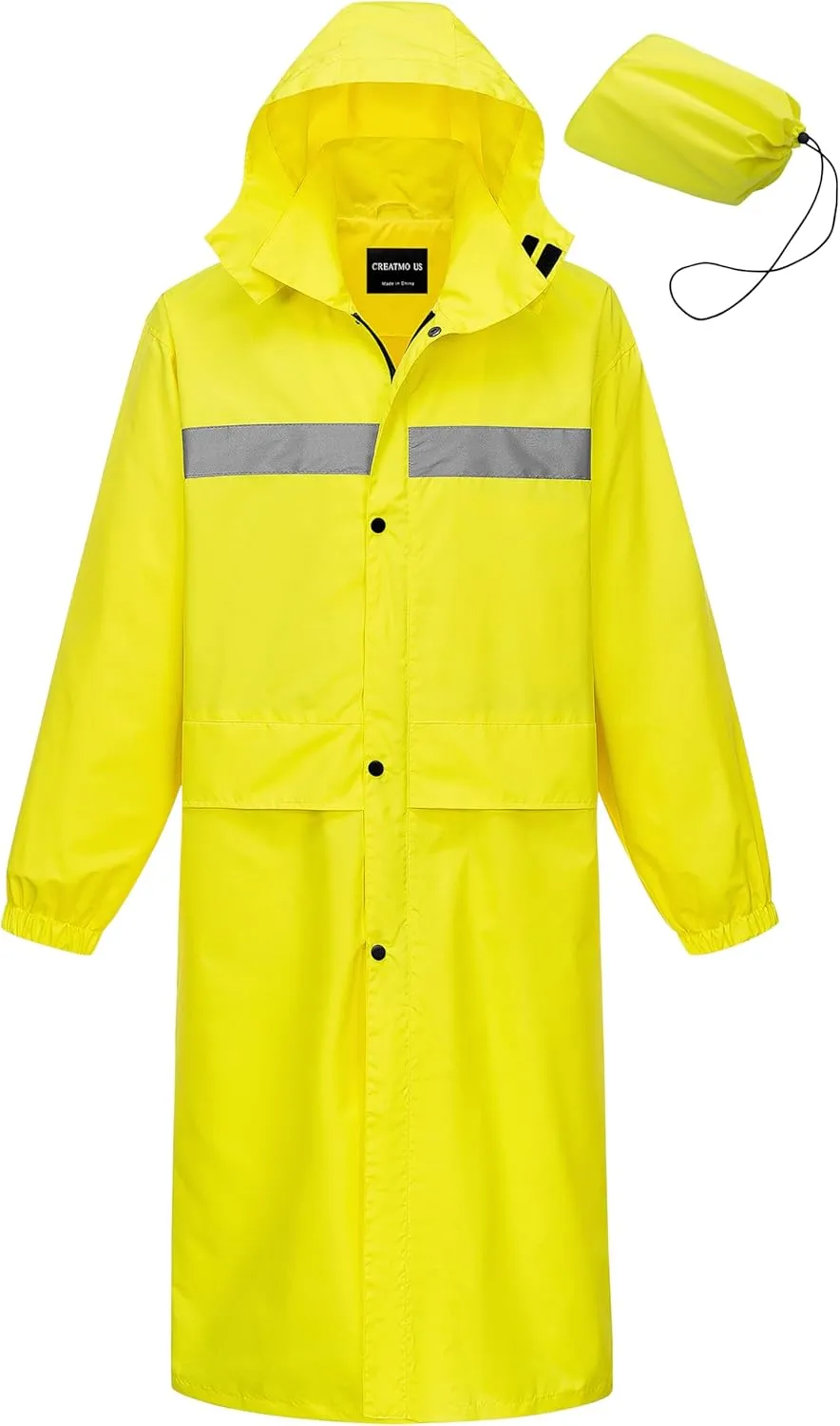 CREATMO US Men's Long Rain Coat Waterproof Packable Rain Jacket Outdoor Lightweight Windbreaker with Hood