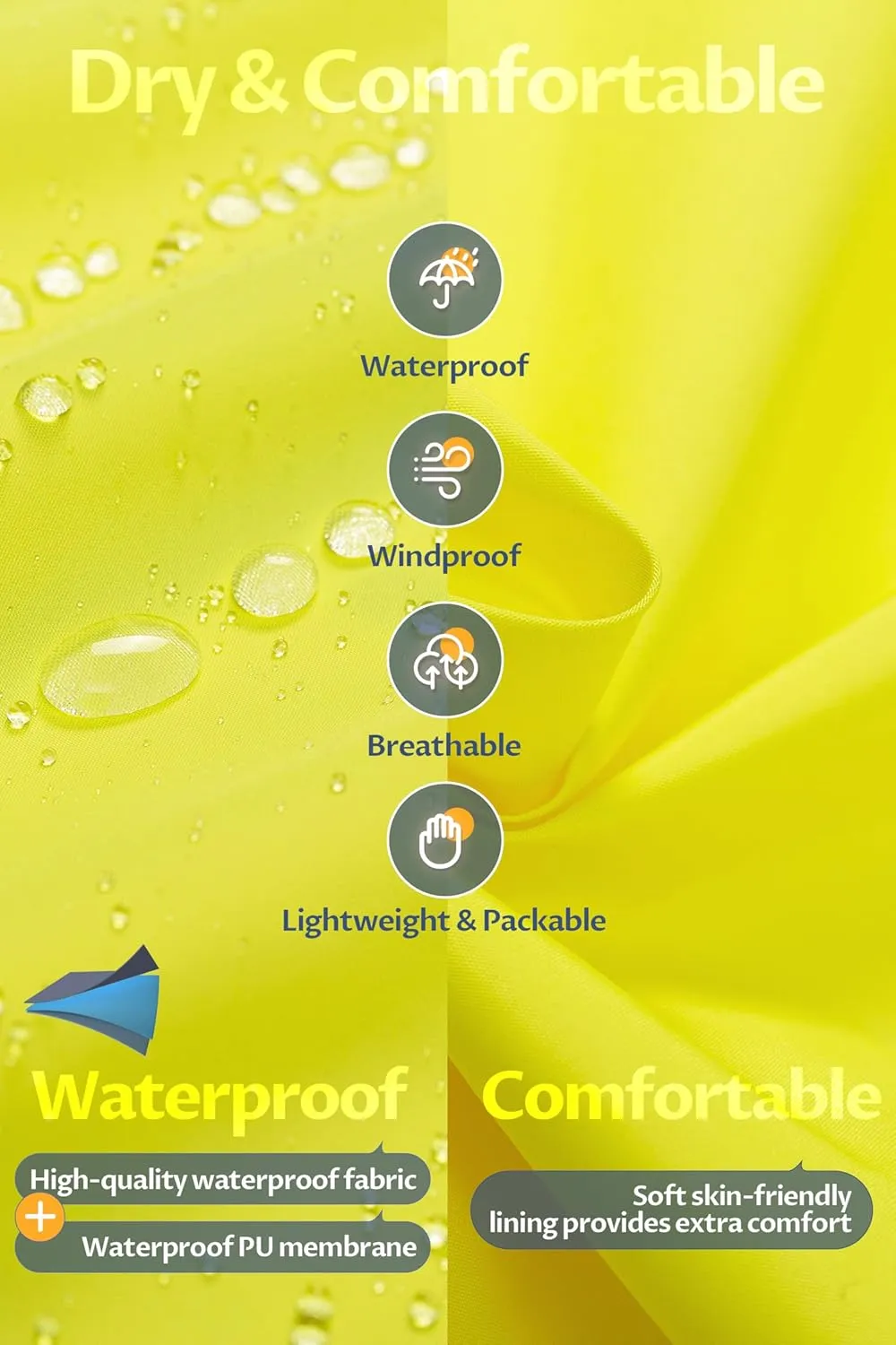 CREATMO US Men's Long Rain Coat Waterproof Packable Rain Jacket Outdoor Lightweight Windbreaker with Hood