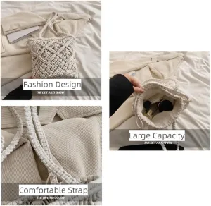 Crochet Bucket Bag for Women Knitted Purse Stylish Shoulder Bag Cute Handbag for Vocation Travel