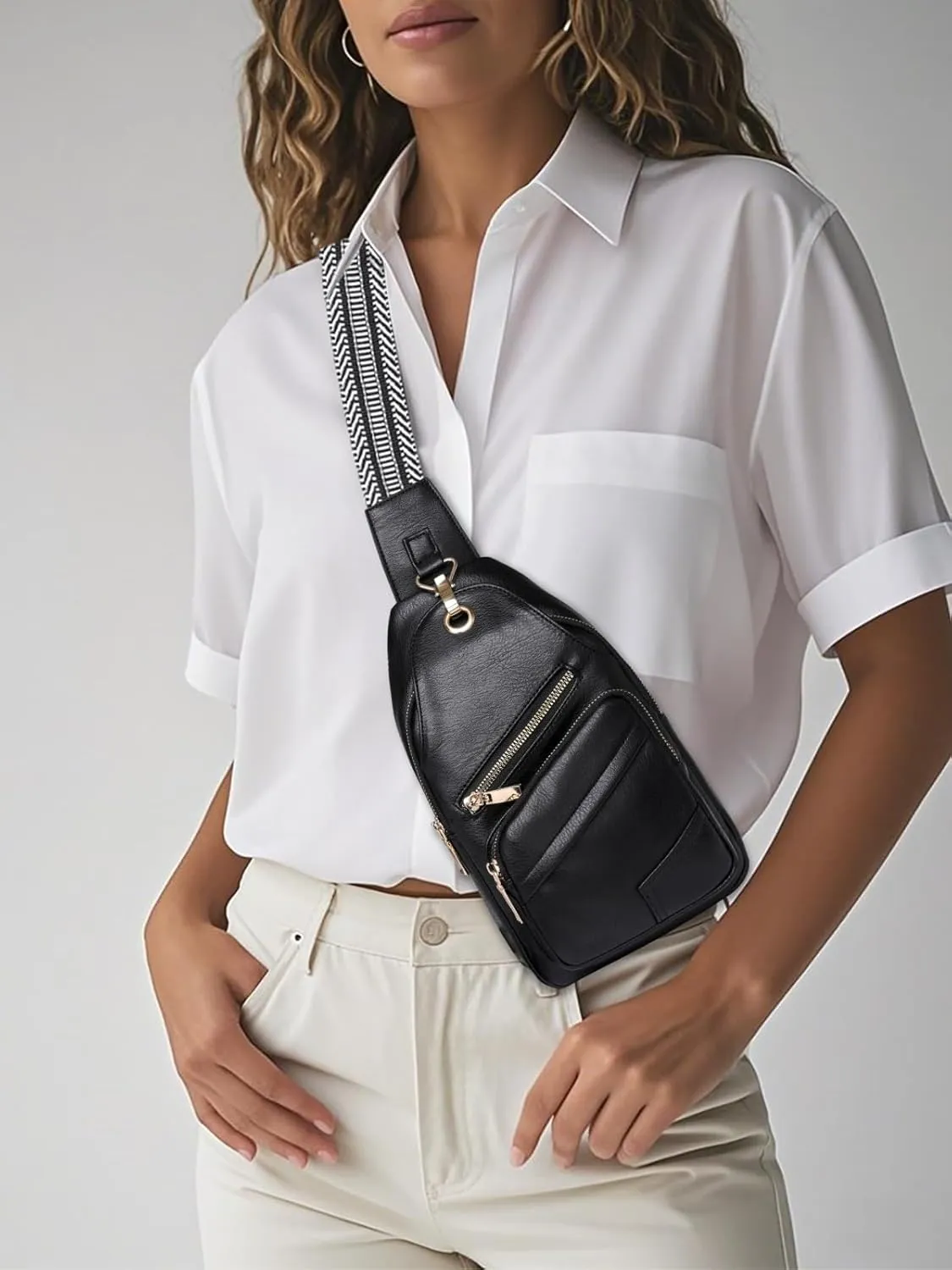 Crossbody Sling Bags for Women Men Vegan Leather Travel Purse Fashionable Chest Bag with Patterned Strap
