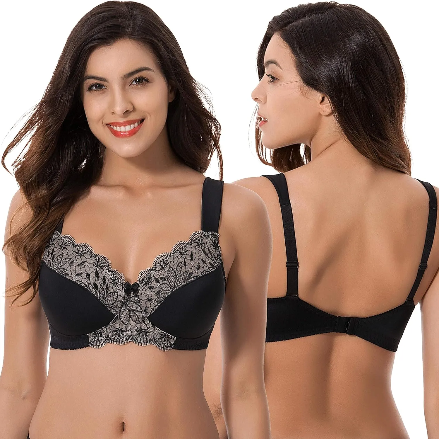 Curve Muse Plus Size Unlined Minimizer Wirefree Bras with Embroidery Lace-3Pack