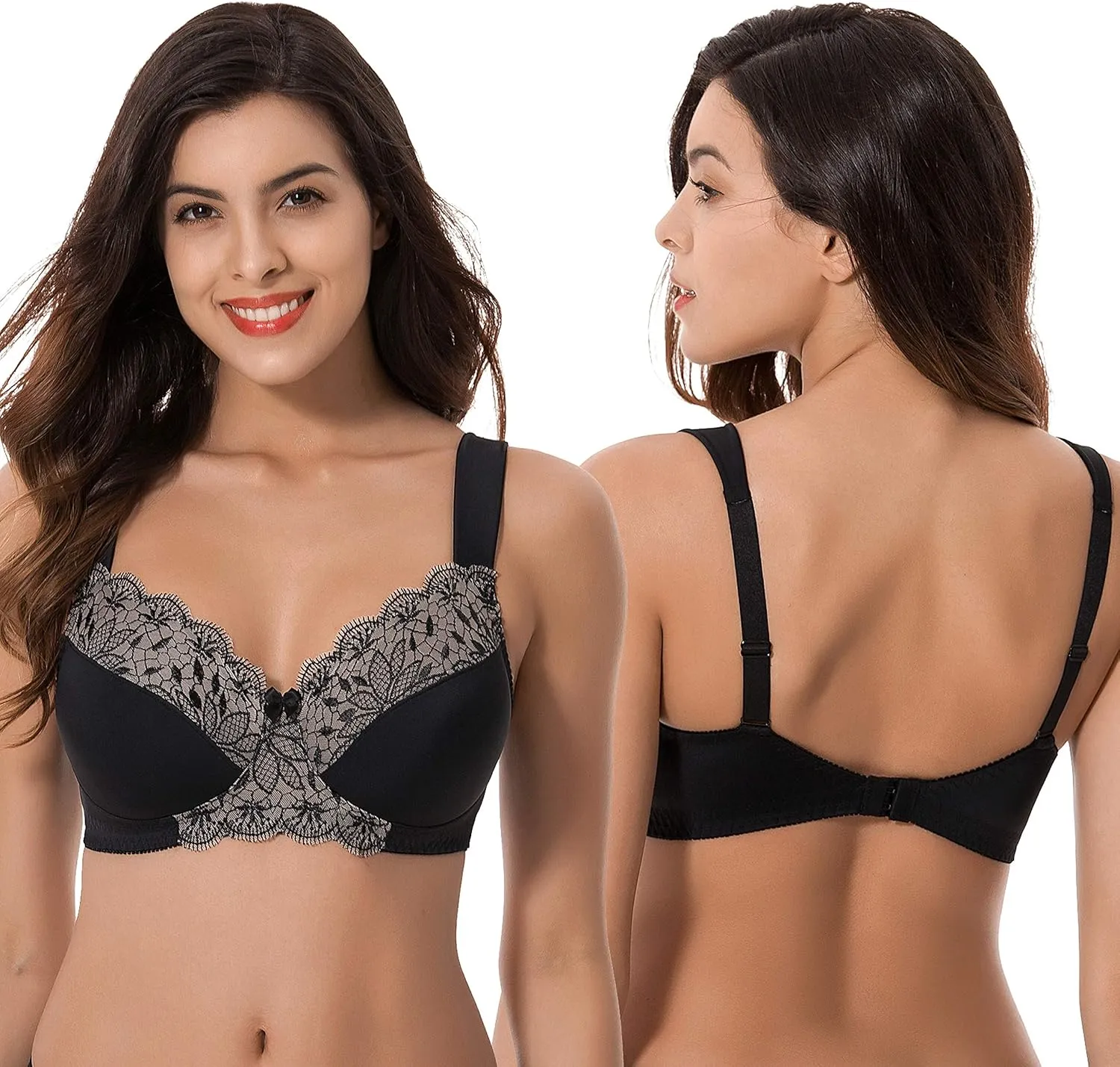 Curve Muse Plus Size Unlined Minimizer Wirefree Bras with Embroidery Lace-3Pack