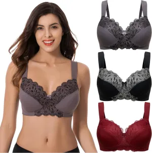 Curve Muse Plus Size Unlined Minimizer Wirefree Bras with Embroidery Lace-3Pack