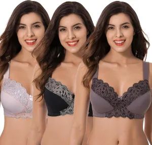 Curve Muse Plus Size Unlined Minimizer Wirefree Bras with Embroidery Lace-3Pack