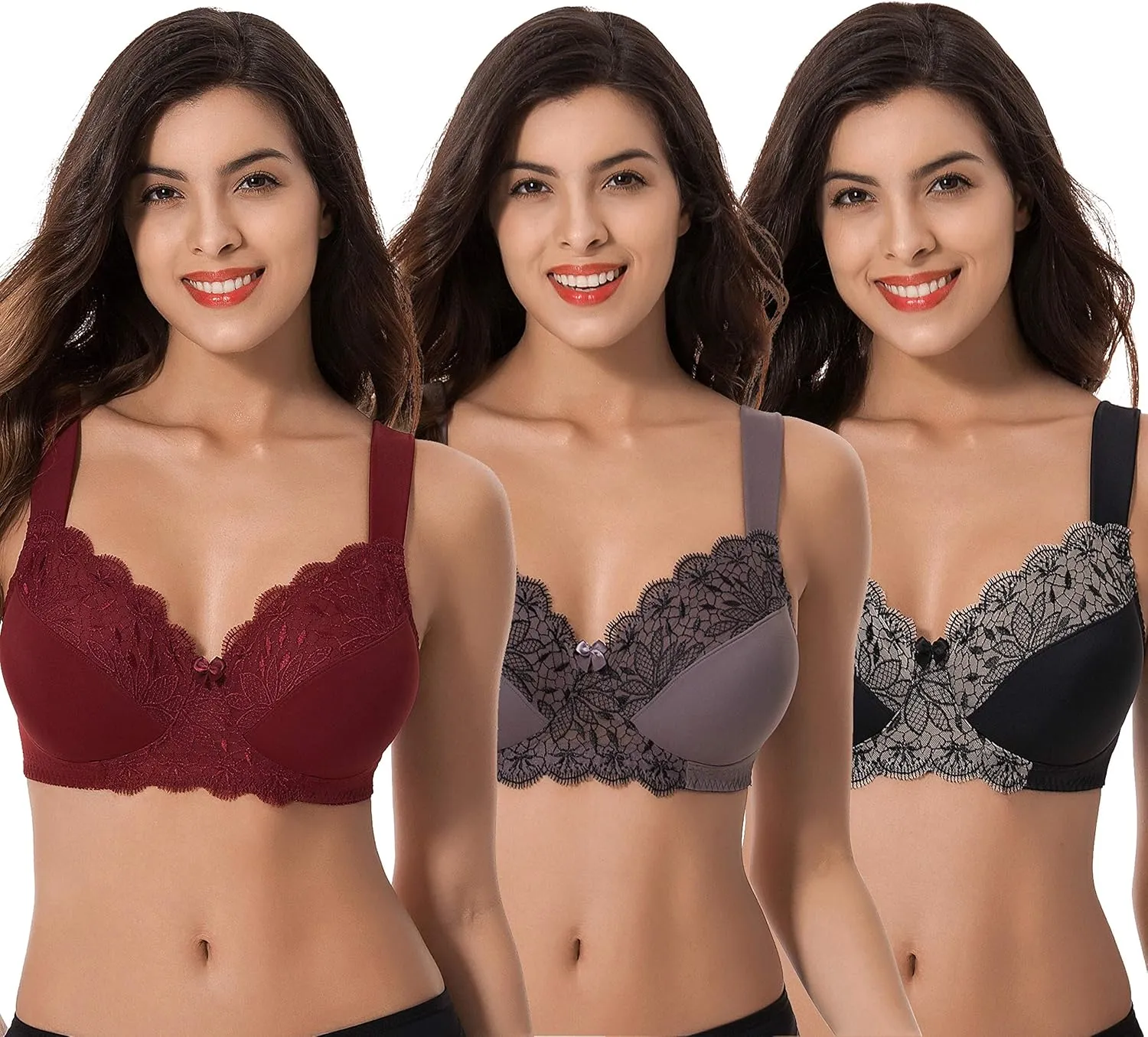 Curve Muse Plus Size Unlined Minimizer Wirefree Bras with Embroidery Lace-3Pack